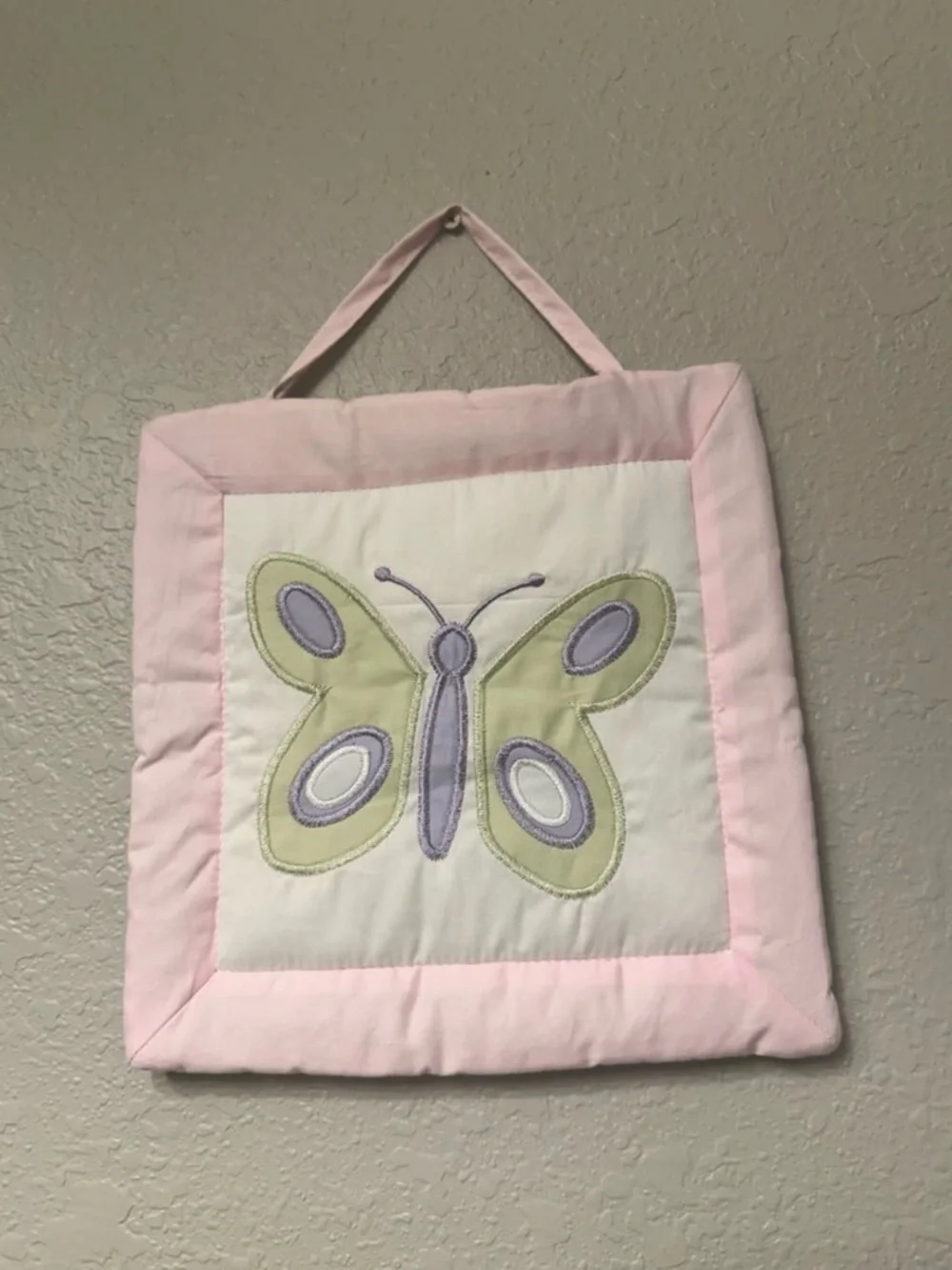 Butterfly Print Shower Curtain, 3 wall hangings, and 2 bathroom mats included.